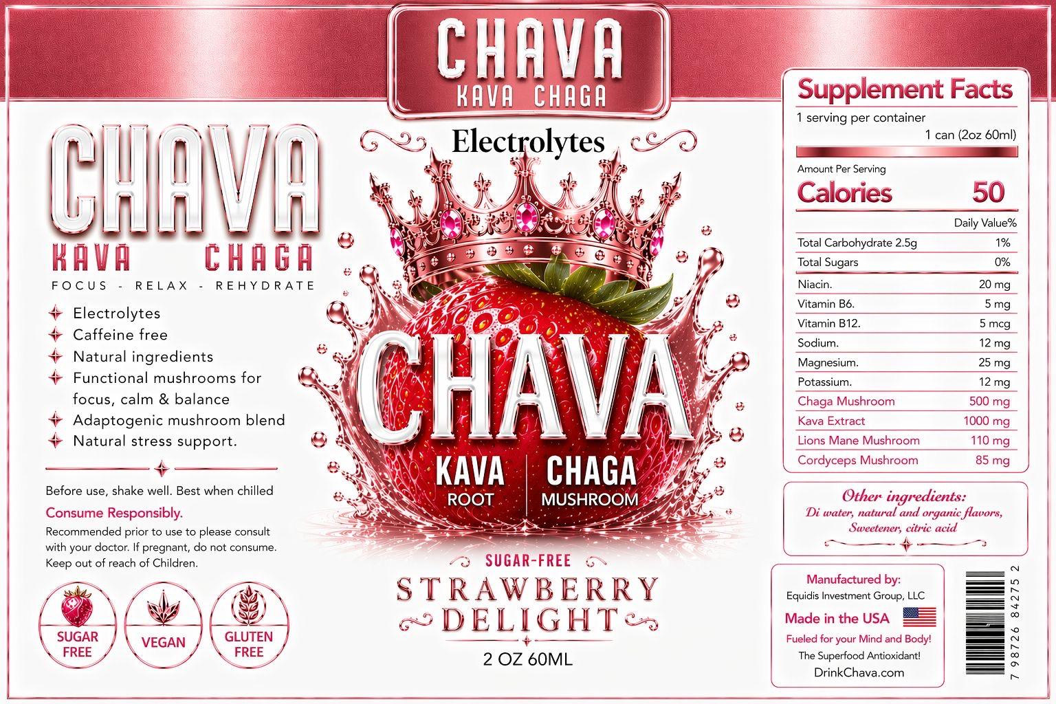 CHAVA | Sparkling Herbal Tonic (Strawberry Delight & Lemon) - Focus, Relax, Rehydrate (8oz Can)