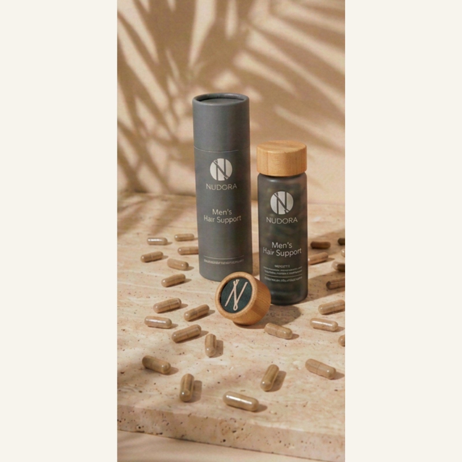 Nudora Men's Hair Support — charcoal tube and vial with bamboo cap