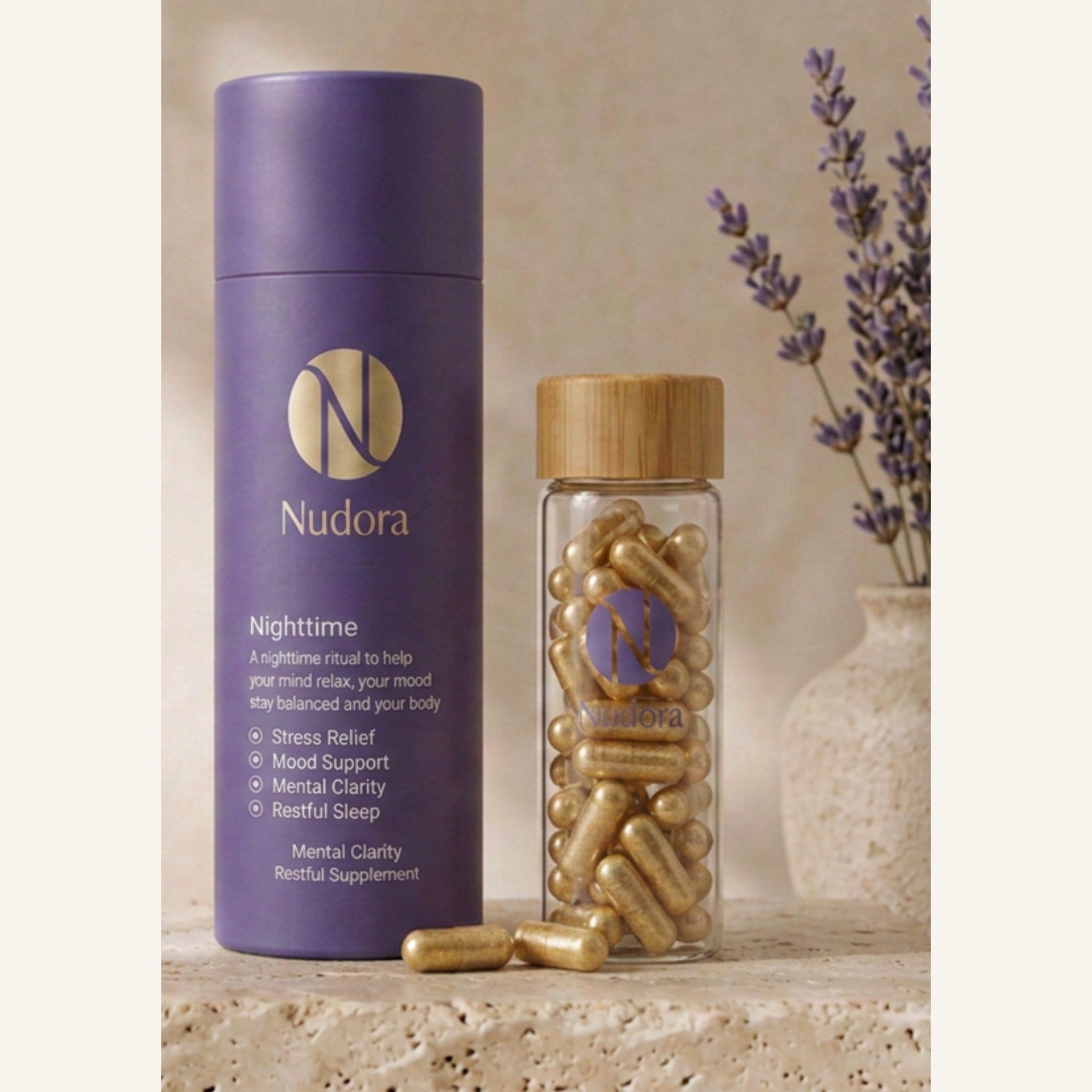Nudora Purple Nighttime — purple tube with glass vial and lavender